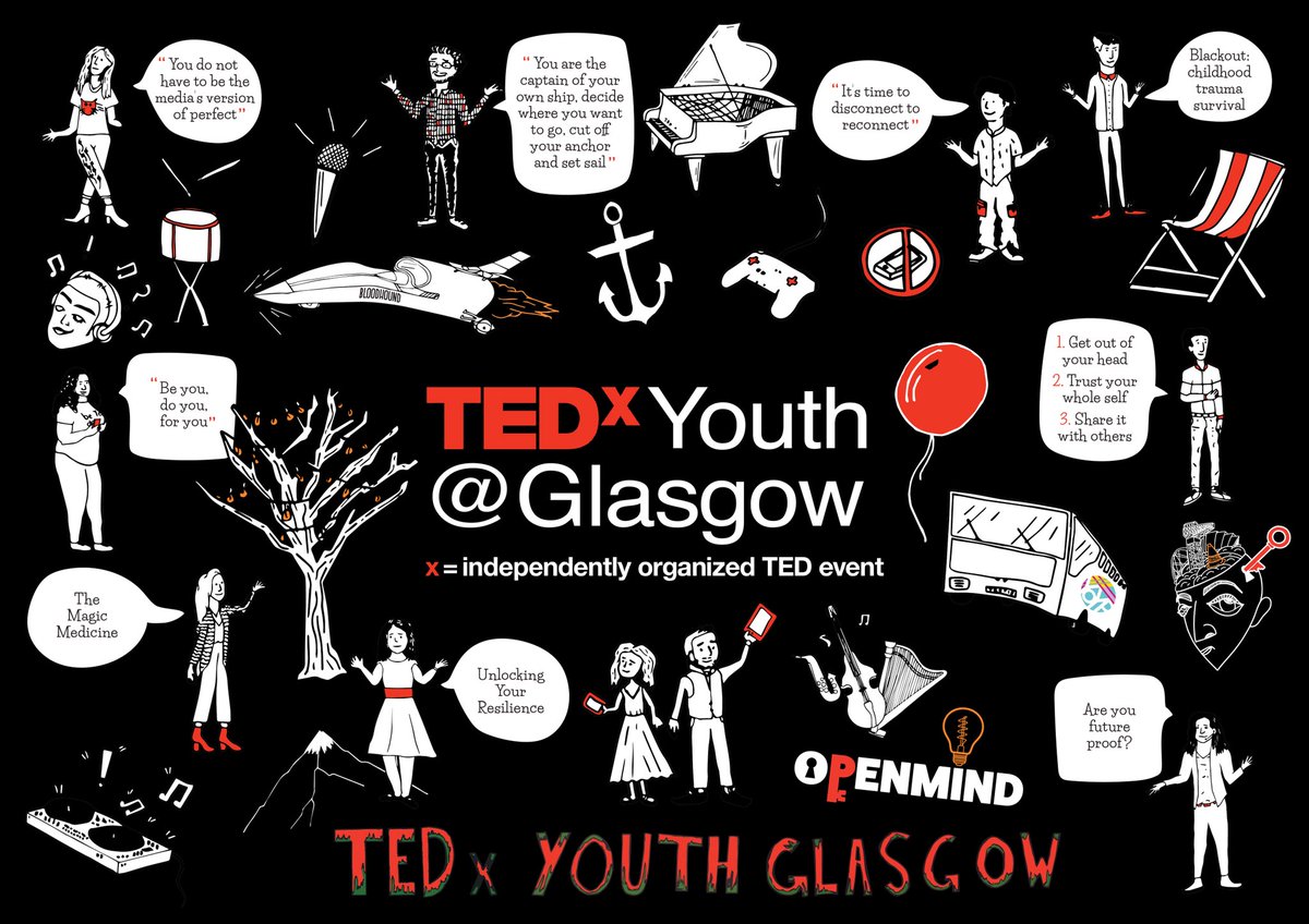 Our fantastic illustration by <a href="/Glasgow_Clyde/">Glasgow Clyde College</a> college students Adam Wayt and David Wayt that sums up the amazing day at TEDxYouth Glasgow last month! 🖊✏️ 🖤❤️ #tedxyouthgla #yoyp2018 #openmind18 #Glasgow #youth #events