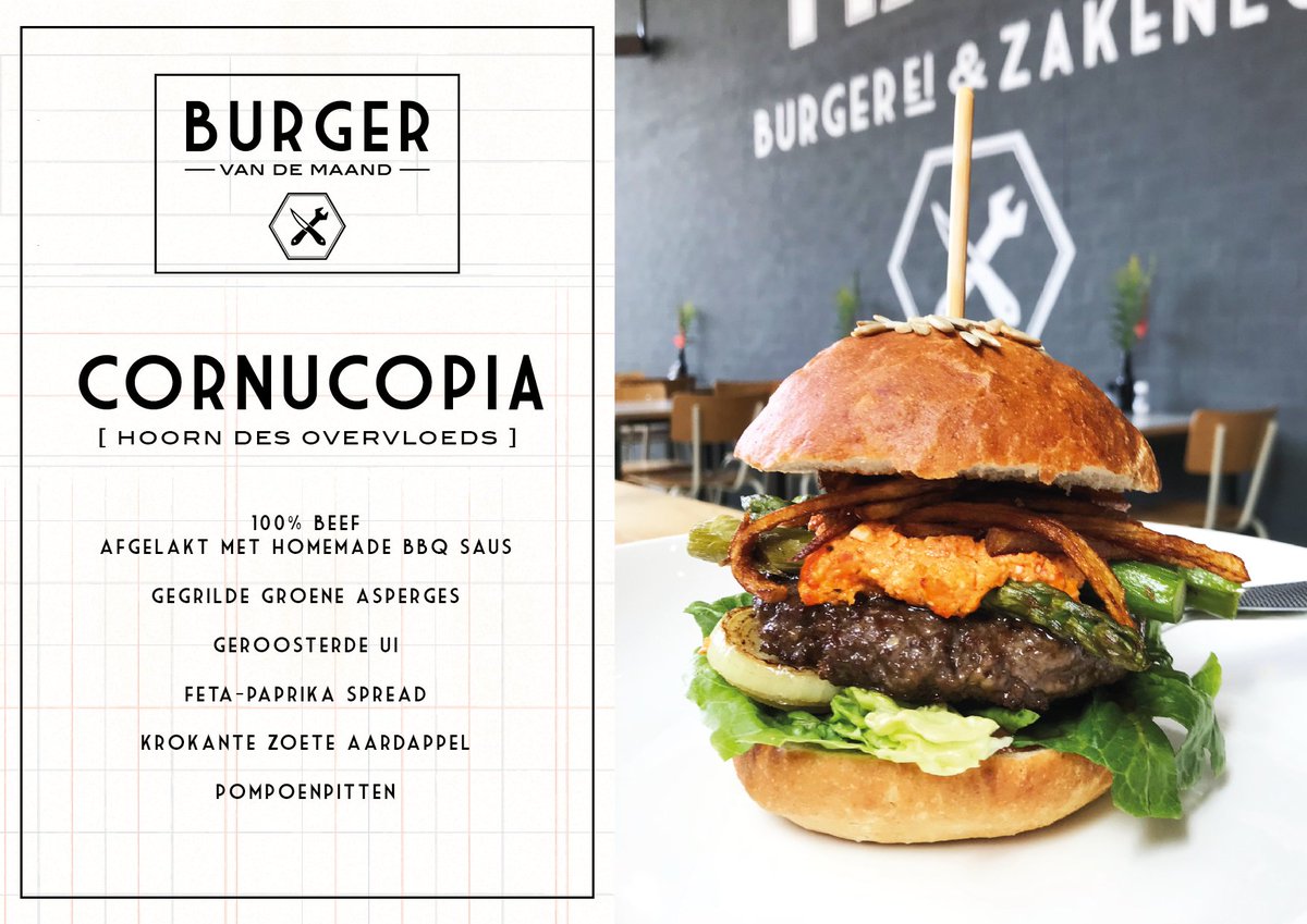 De nieuwe #BurgervandeMaand >>
C O R N U C O P I A
[ hoorn des overvloeds ] 
Een burger van 100% beef, afgelakt met homemade BBQ saus. De toppings: Gegrilde groene asperges, geroosterde ui, krokante zoete aardappel en een feta-paprika spread.