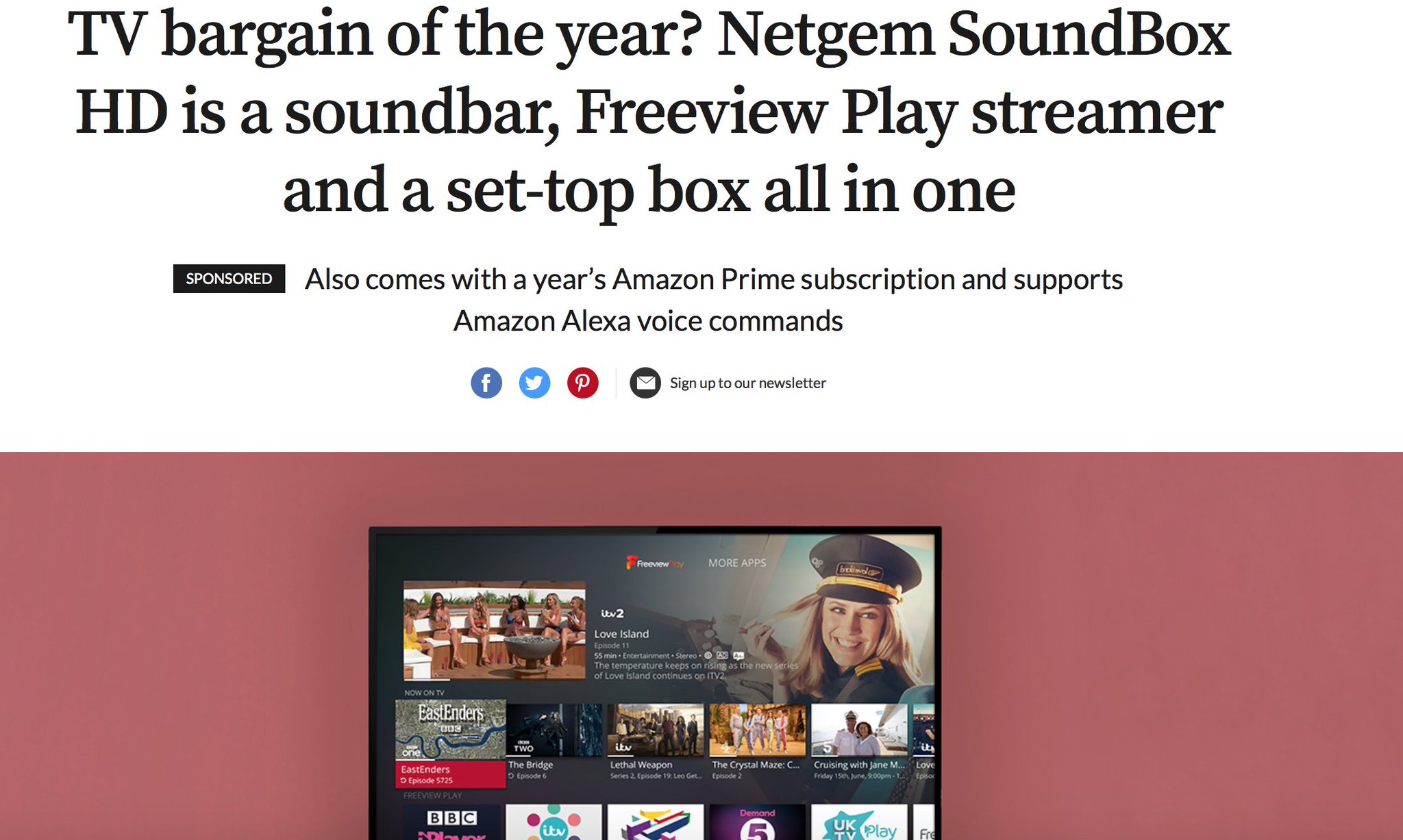  TV bargain of the year? Netgem SoundBox HD is a soundbar, Freeview Play streamer and a set-top box all in one SPONSOREDAlso comes with a year’s Amazon Prime subscription and supports Amazon Alexa voice commands