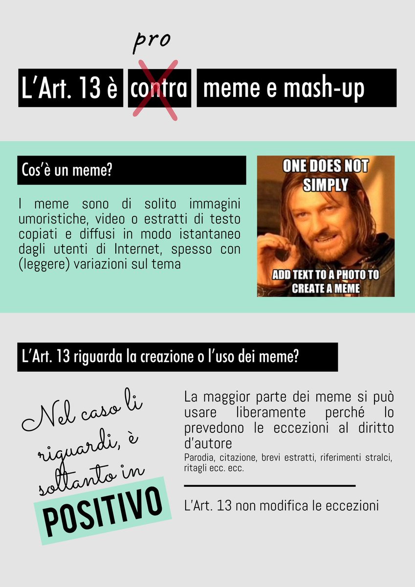 C'è chi dice che l'Articolo 13 della direttiva europea sul #Copyright potrebbe cancellare dal web meme, remix e mashup. Non è proprio così, vi raccontiamo perché :) #article13 #copyrightdirective #creatorsrightfight