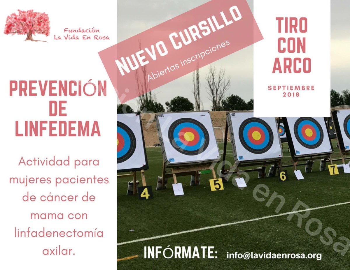 Curso de #tiroconarco para prevención de #linfedema. 

Abierto plazo de inscripción. Plazas limitadas. Horario pendiente de definir. 

📩 info@lavidaenrosa.org 

**Dirigido a mujeres con #cáncerdemama y #linfadenectomía axilar. Preferencia socias de la Fundación.**