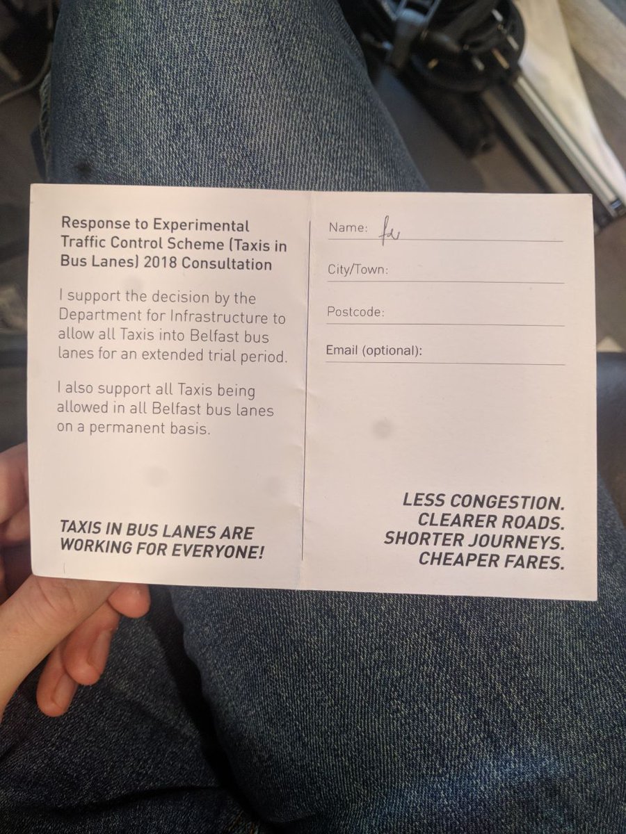 Asked by <a href="/fonacabbelfast/">fonaCAB</a> driver this morning to fill this in… It took me a second to realise what it was. Told him I objected to it on account of being a cyclist, he said he had my postcode so was going to fill one out on my behalf anyway. ¯\_(ツ)_/¯ /cc <a href="/nigreenways/">NI Greenways</a>