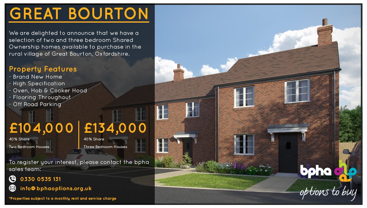 Today is the start of #RuralHousingWeek and we're delighted to announce we have a selection of 2 and 3 bedroom houses available to purchase in #GreatBourton.  

bphaoptions.org.uk/property_listi…
#SharedOwnership #HelpToBuy #AffordableHousing #NewBuild #FirstTimeBuyer #Oxfordshire