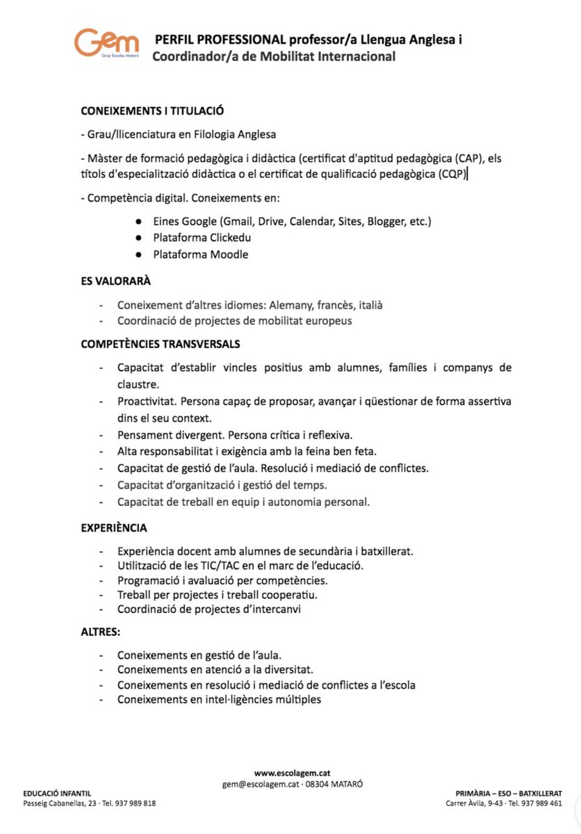 escolagem's tweet photo. Iniciem un nou procés de selecció per al curs 18-19. Veureu els perfils professionals en els documents adjunts. Les persones interessades podeu enviar el vostre CV i la carta de motivació a escolagem@escolagem.cat. El termini d'acceptació de sol·licituds és fins al 10 de juliol. https://t.co/cYsG74QyEh
