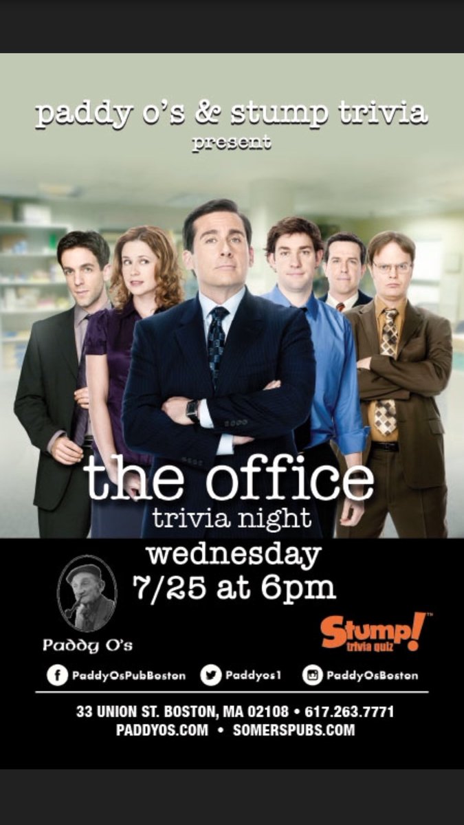 The Office Trivia Wednesday 7/25 6p @PaddyOsSuperPub Boston ⁦<a href="/stumptrivia/">Stump Trivia</a>⁩ 🥃🤔😂#PaddyOs #Boston #SuperPub #StumpTrivia #TeamTrivia #social #SocialThinking ⁦<a href="/CityOfBoston/">City of Boston</a>⁩ ⁦<a href="/dfatirl/">Irish Foreign Ministry</a>⁩