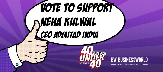 admitadin's tweet photo. Support @nehakulwal at the BW Disrupt 40-under-40 Awards 2018! Vote here: https://t.co/GF6r7e9u46  @BWBusinessworld #Businessworld #40under40 #BWdisrupt #AdmitadIndia https://t.co/9eYna4EmTJ