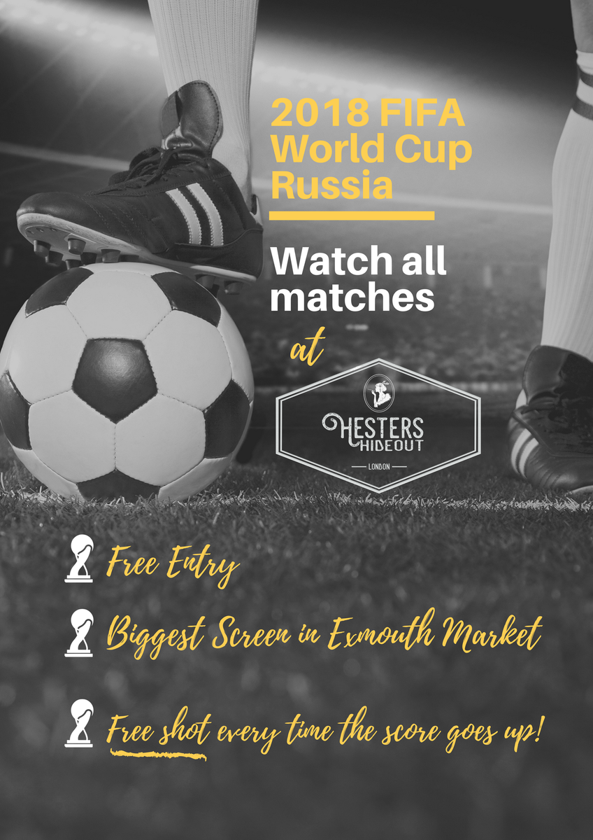 HestersHideout's tweet photo. We can’t believe how exciting this #WorldCup has been so far! We are now showing all matches at Hester’s. Join us in the biggest screen of #ExmouthMarket and get a free shot every time the score goes up! https://t.co/NQJ70gblct
