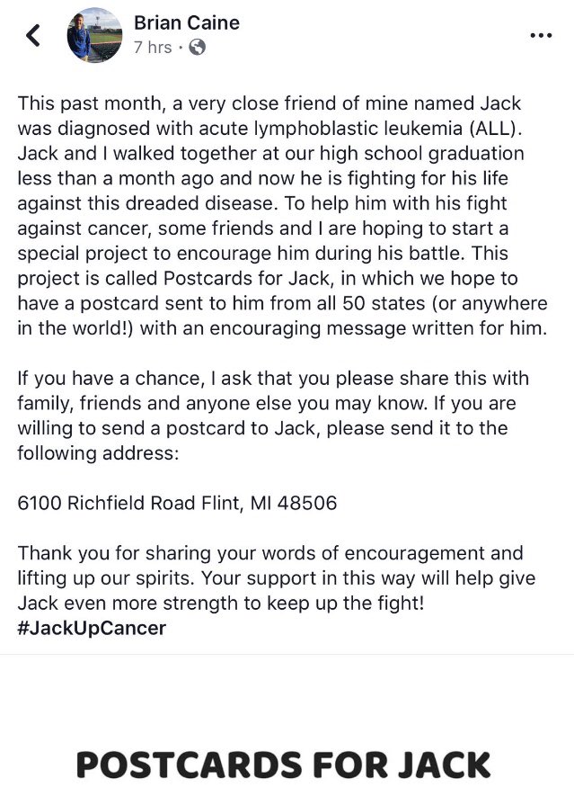 ScribSports's tweet photo. This is a project some of Jack’s friends have started. Would you consider retweeting and perhaps sending a postcard with a note of encouragement? Thanks!
#JackUpCancer https://t.co/odcQdMdHFc