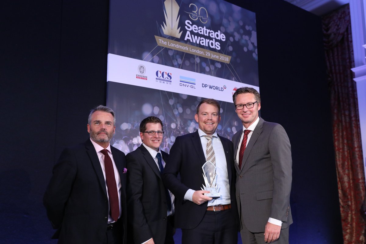dnv_maritime's tweet photo. Congratulations to #ECOsubsea, receiving the Fuel Efficiency Award. Mr Knut Ørbeck-Nilssen, CEO Maritime DNV GL, presented the award for their innovative in-water hull cleaning technology @SeatradeME to COO Knut Østervold & Mr D. Farrell, accompanied by Mr A. Williams (@ubm). https://t.co/aR9XXUlQAu