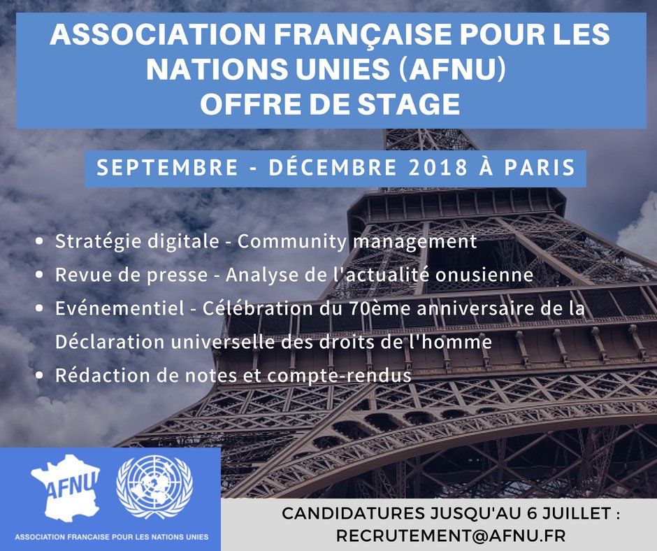 ONU_France's tweet photo. #STAGE à pourvoir le 1er Septembre à #AFNU
Conditions : Bac +3 en IEP, maîtrise des #reseauxsociaux, très bon anglais et très bonnes connaissances des #NationsUnies. Date limite 6 juillet.
Plus d'informations 👉 https://t.co/PiMZYFQiXC https://t.co/3QtKjEDM4V