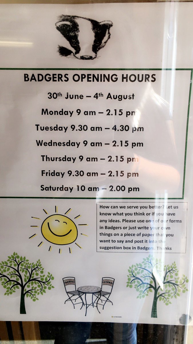 #NewOpeningTimes at Badgers Corner - our residents requested Saturday opening times and here they are! <a href="/HellinglyCentre/">SPFT_HellinglyCentre</a> <a href="/SPFT_FuncSkills/">SPFT_Functional_Skills</a> <a href="/withoutstigma/">SPFT - No longer in use</a>