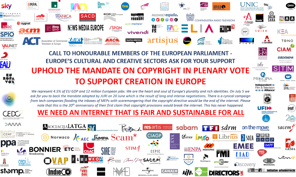 139 organisations from Europe’s creative and cultural sectors are asking MEPs to support the JURI mandate on the #Copyright Directive report during the Plenary vote on 5 July. #vote4JURIreport <a href="/HeidiHautala/">Heidi Hautala</a> <a href="/SHKMEP/">king of hell</a> <a href="/mady_delvaux/">Mady Delvaux</a> @KaufmannSylvia <a href="/enricogasbarra/">enricogasbarra</a>