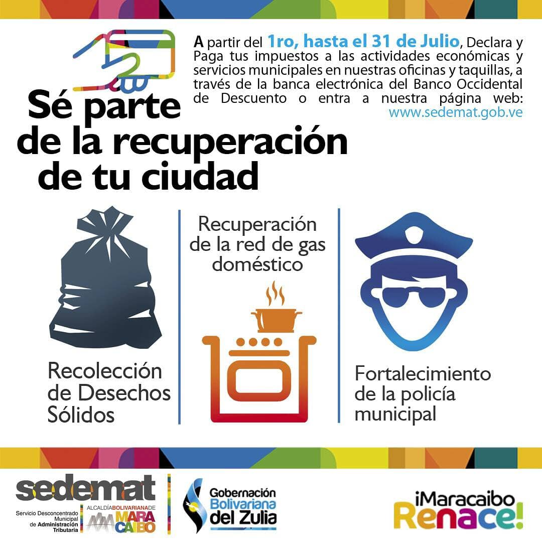 DGGUMaracaibo's tweet photo. Por la recuperación de #Maracaibo declara y paga tus impuestos a las actividades económicas y servicios municipales, en las oficinas y taquillas de @sedemat_mcbo o a través de la banca electrónica del BOD.   #2Jul #MaracaiboRenace https://t.co/6xUtfdS9QA