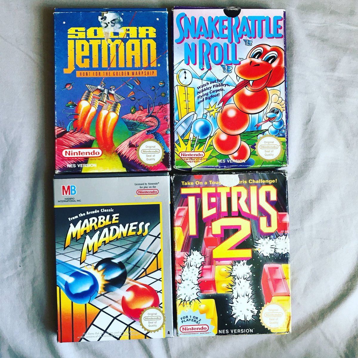 retrokind128k's tweet photo. Here's what I found. Couldn't leave them seeing as they were not only boxed but cheap! #nes #nintendo #nintendoentertainmentsystem #nescarts #nesboxedgames #solarjetman #marblemadness #snakerattleandroll #tetris2 #retrokind #retrogaming #retrofinds #nostalgia #boxedcollection https://t.co/S3dyuvj36r