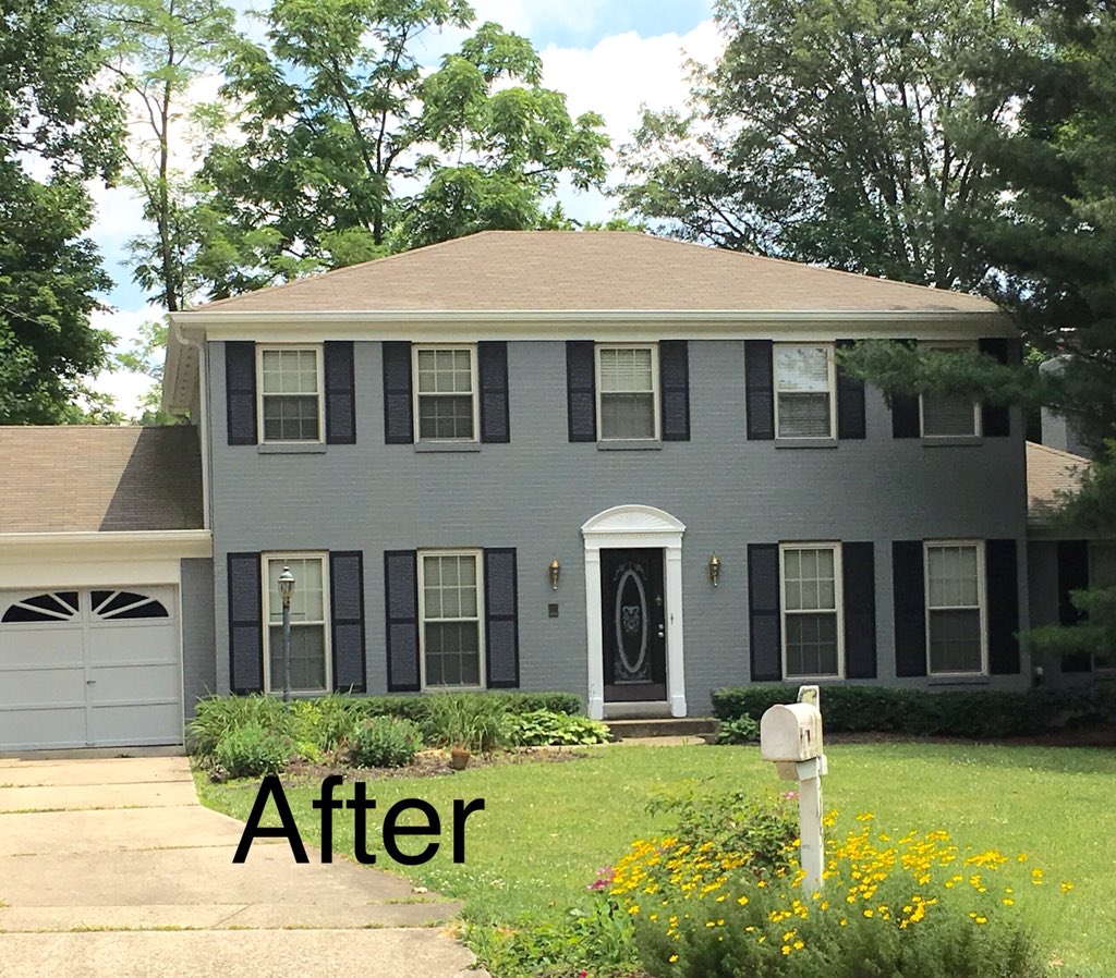Another amazing exterior paint transformation! I love love love ❤️ the  @SherwinWilliams colors we used (brick: Cityscape, shutters: Tricorn Black,  all trim: Snowbound)! #SWColorLove #interiordesigner #paintcolors  #exteriortransformation, image size:1024x898