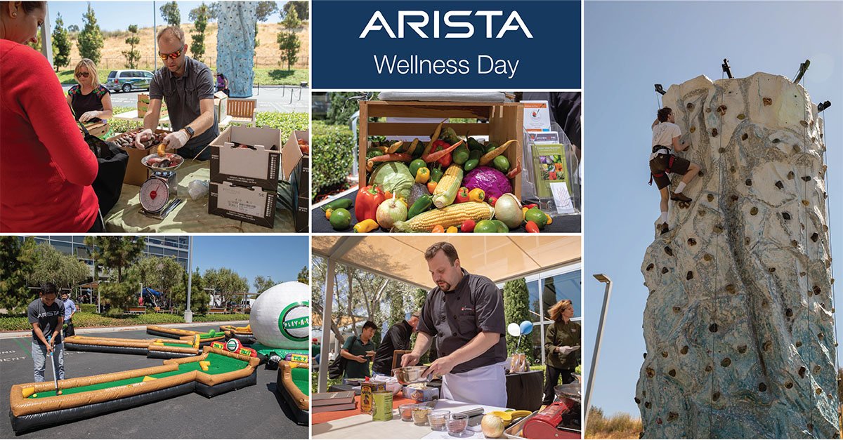 AristaNetworks's tweet image. Last Wednesday was quarterly Wellness Day here at Arista. This quarter’s theme was “The Great Outdoors”. Our employees were treated to mini golf, rock climbing, cooking demos and an organic farmer’s market. We value our employees and take pride in investing in their well-being.