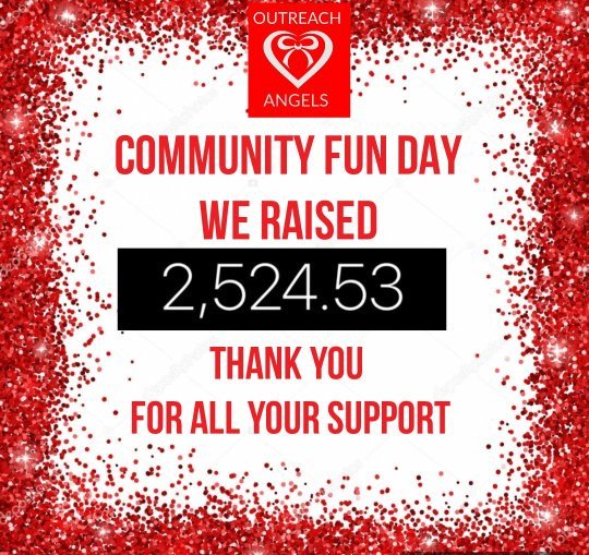 A BIG MASSIVE THANKYOU ❤ 
Been such a busy few weeks for us at #outreachangels in the build up to our event. Our community fun day was absolutely incredible! We have raised a massive £2524.53!! And we can't thank everybody enough  for all your support we are blown away ❤