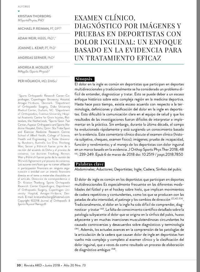 KThorborg's tweet photo. Amazing. Here is a reprint of our “Clinical examination, diagnostic imaging and testing of athletes with groin pain” article from @JOSPT  translated via Argentina Sports Physio journal IN SPANISH https://t.co/o4QU9XaV3h PLEASE RT in Spanish https://t.co/uSfIVQIR1a