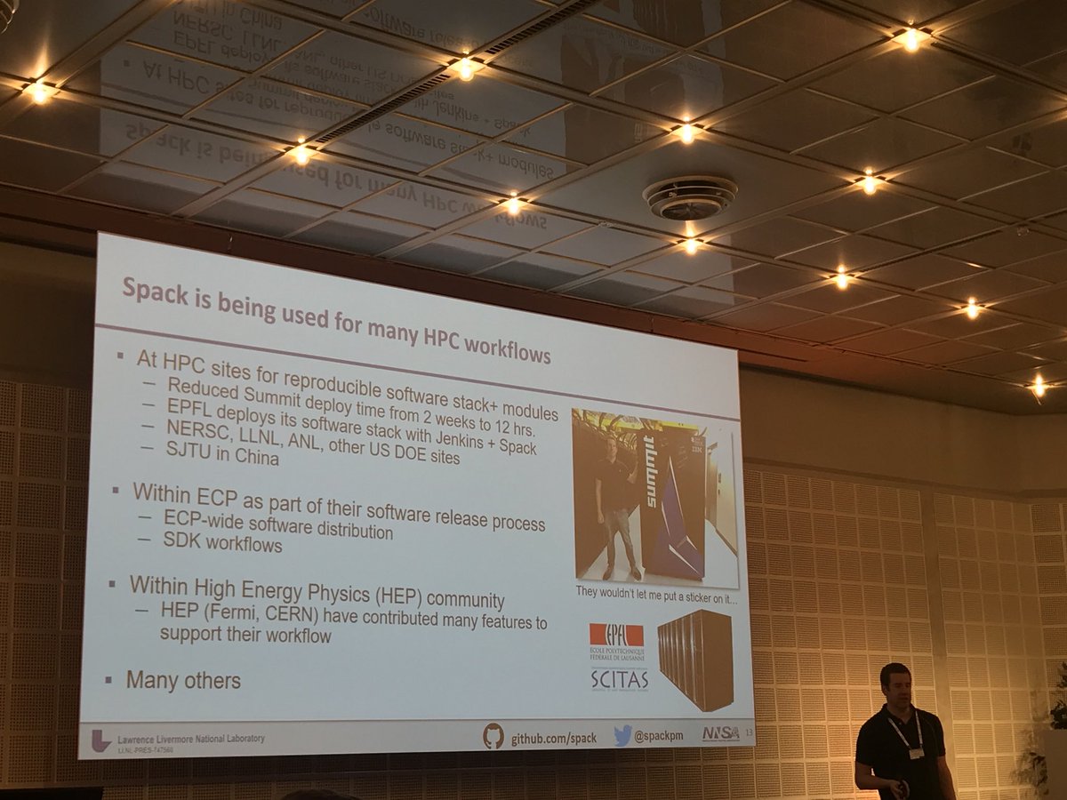 HatemLtaief's tweet image. The package manager @spackpm presented by @tgamblin at the @PASC_Conference. Yes, no stickers allowed on the @ORNL #Summit system! Not even #spack sticker. #pasc18 #HPC