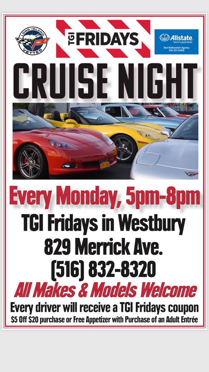 LIVettesClub's tweet photo. It’s that time again.  Come on down to a FREE cruise night.  Brought to you by @DanRatkewitch and AutoQuip
TGI Fridays in Westbury. https://t.co/Y0ewnO3P56