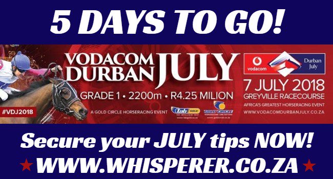 whisperermatt's tweet photo. JUST 5 SLEEPS to go to the running of this year's @VodacomDbnJuly. Champions in action all day, both on the turf and in the saddle! @LyleHewitson @RacingGuru @Racing_ItsARush #VDJ2018 #HUGEPOOLS #R13MILLIONPICK6 #TOPCLASSRACING https://t.co/vISYd34XV4