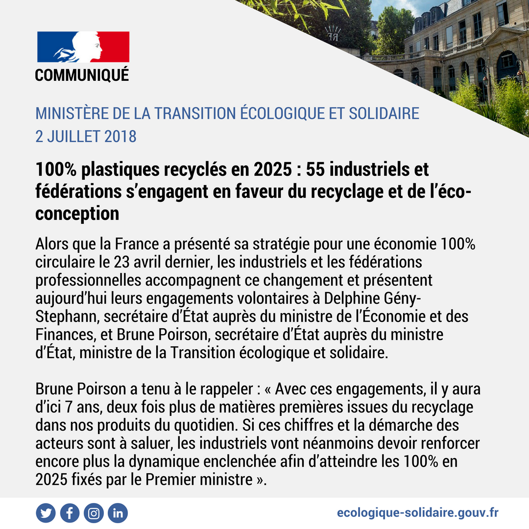 Ecologie_Gouv's tweet photo. ♻️ COMMUNIQUÉ | 100% plastiques recyclés en 2025 : 55 industriels et fédérations s’engagent en faveur du #recyclage et de l’éco-conception
👉 https://t.co/6ASt3hSLbH https://t.co/IVebXxLazW