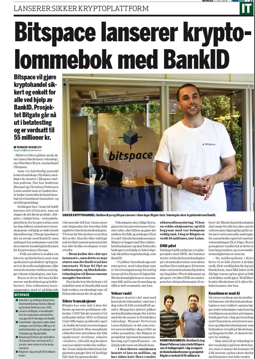 BitSpaceNetwork's tweet photo. @BitGateX is the first of many projects we are working on, including a new pilot project with @DNB_Bank, the largest bank in Norway.

https://t.co/RqAbaoWZN7

For our Norwegian followers, you can read more about it in today’s article in @Finansavisen. https://t.co/sViDxQCdLl