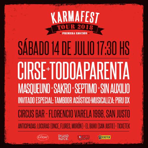 HighNoise_Music's tweet photo. 🗓️14 de julio
#KarmaFest 2018 en Zona Oeste en #Circus
#Cirse
#TodoAparentaNormal
#MasQueUno
#Sakro
#Septimo
#SinAuxilio
Mas info → https://t.co/pgHSRZ0Jis https://t.co/WuVd1Fs32d