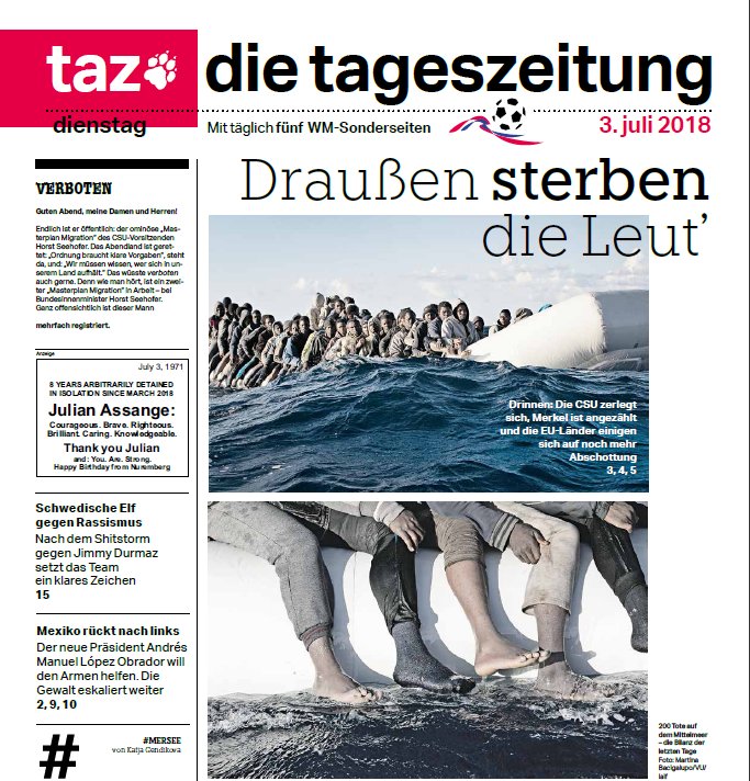 santa_samantha's tweet photo. #Gehofer oder Bleibhofer? Als ob es nichts wichtigeres gäbe! 1000 Tote im #Mittelmeer , 200 alleine in den letzten Tagen, so die Meldungen. #tazeins über das Sterben im Meer und die Untoten der CSU @tazgezwitscher https://t.co/7b6z6yGxj4