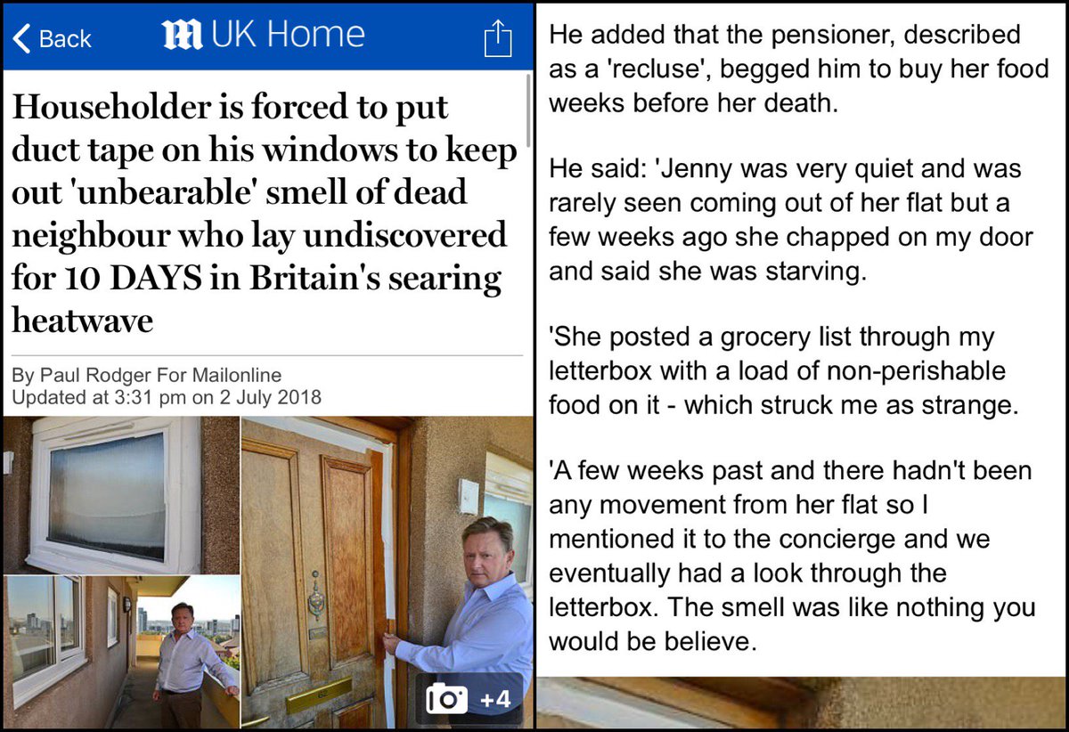 DMReporter's tweet image. SYMPATHY: Elderly pensioner bangs on neighbours door, begging him to buy her food. A few weeks later she is found dead in her flat, and the Mail writes a puff-piece about how the neighbour is dealing with the smell of her corpse. #DailyMailSadFace