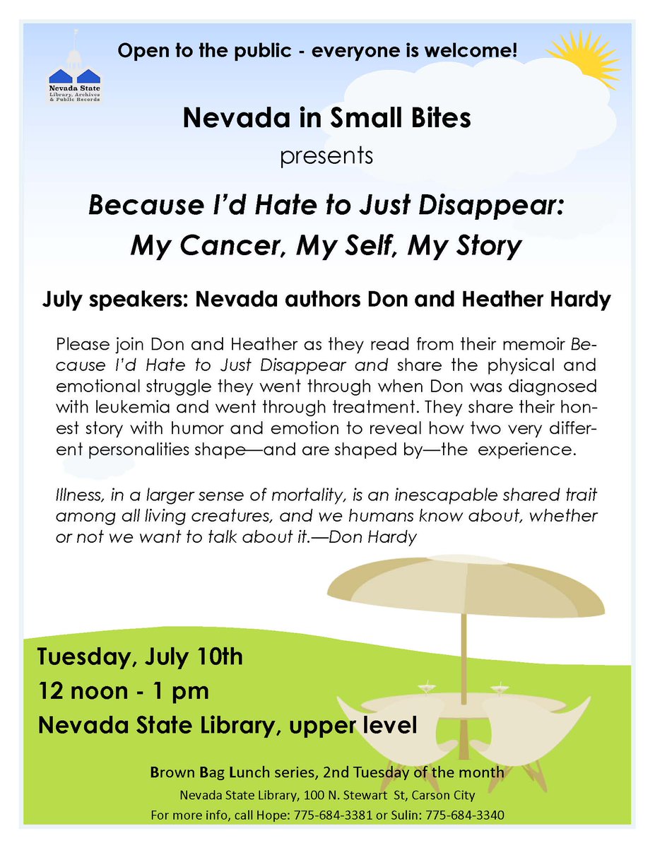 NSLA_lsta's tweet photo. Author event! Tuesday, July 10 @ noon. Don &amp; Heather Hardy read from their memoir, sharing the metal and physical struggles of a couple living through cancer and treatment. https://t.co/oci6H3kbsm