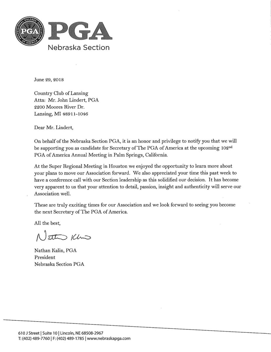 Exciting news- the <a href="/NebraskaPGA/">Nebraska Section PGA</a> has announced their support for my campaign! Check out this letter from their President, Nathan Kalin, PGA.