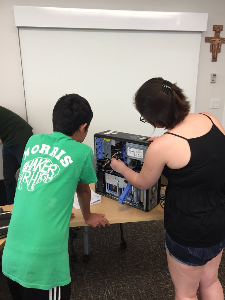 SCInformalSTEM's tweet photo. The @SienaCollegeSTEM Camps have started! Taking the @FLOSSDesktops computers apart the first time. Some are still putting them back together, some are starting to wipe the disks with DBAN.  Working through the #MAKE lessons. Love the hair in the computer! https://t.co/7oKhe4jT46