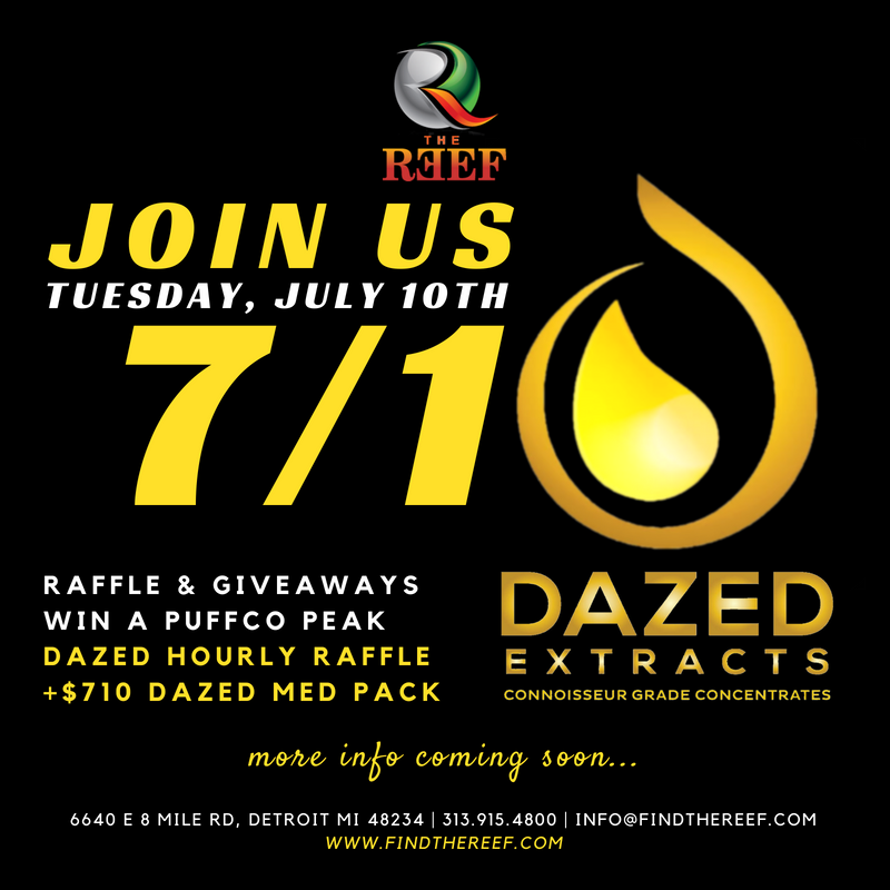 findthereef's tweet photo. Join us for 7/10 feat Dazed Extracts! #findthereef #mmmp #leafly #leaflylist #cannabiscommunity #detroitdispensary #mmj #medicalmarijuana #thereefdetroit #detroitdabbers #detroit #dispensary https://t.co/VlnqQKIclx