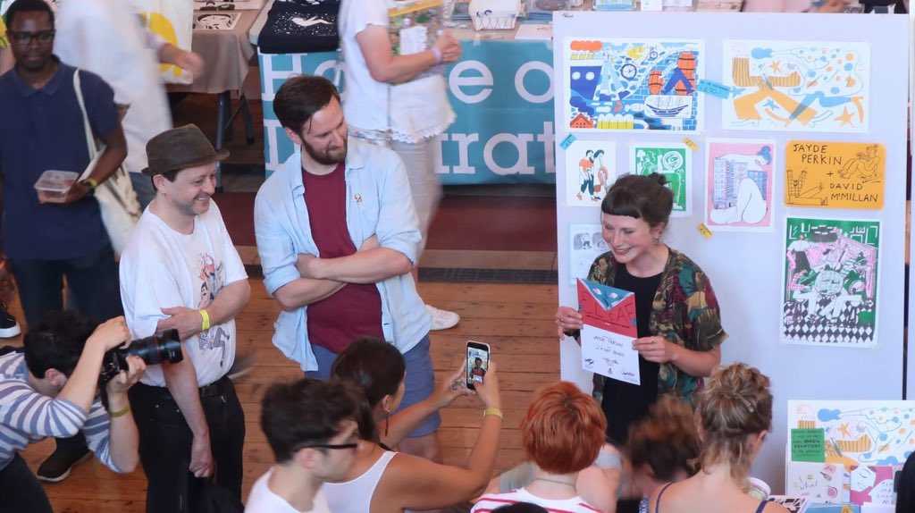 jaydeperkin's tweet photo. Here’s a photo of people taking photos of me when I won the @ELCAFest X @WeTransfer prize last weekend (my brilliant pal @Mr_Jangojim capturing that very red faced moment 😂 ) https://t.co/lBqJNoi5Vo