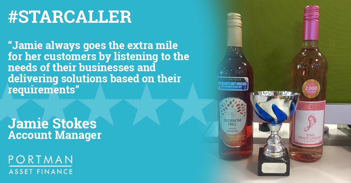 Portman_Group's tweet photo. Congratulations to Jamie Stokes! Last weeks #StarCaller!⭐️📞 Jamie always goes the extra mile for her customers by listening to the needs of their businesses and delivering solutions based on their requirements! #PortmanAssetFinance https://t.co/gK8fsKNfmt