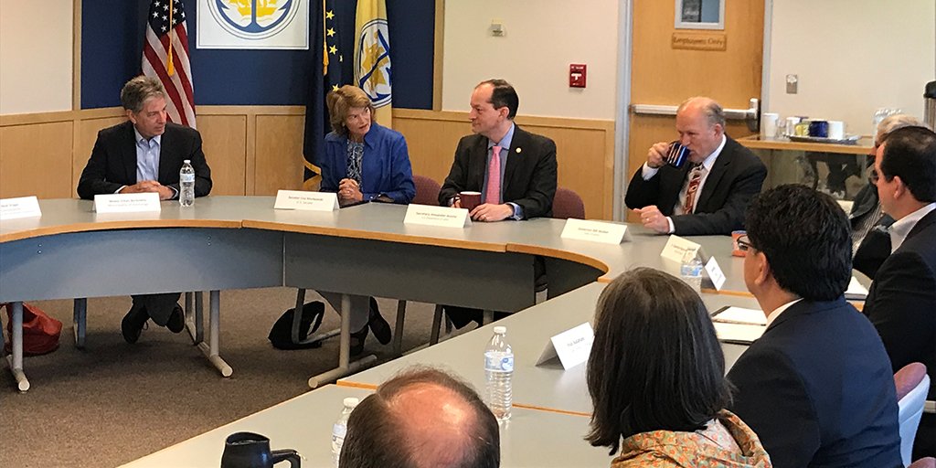 U.S. Secretary of Labor Alexander Acosta, U.S. Senator Lisa Murkowski, and Alaska Governor Bill Walker at a workforce development roundtable in Anchorage, Alaska.
