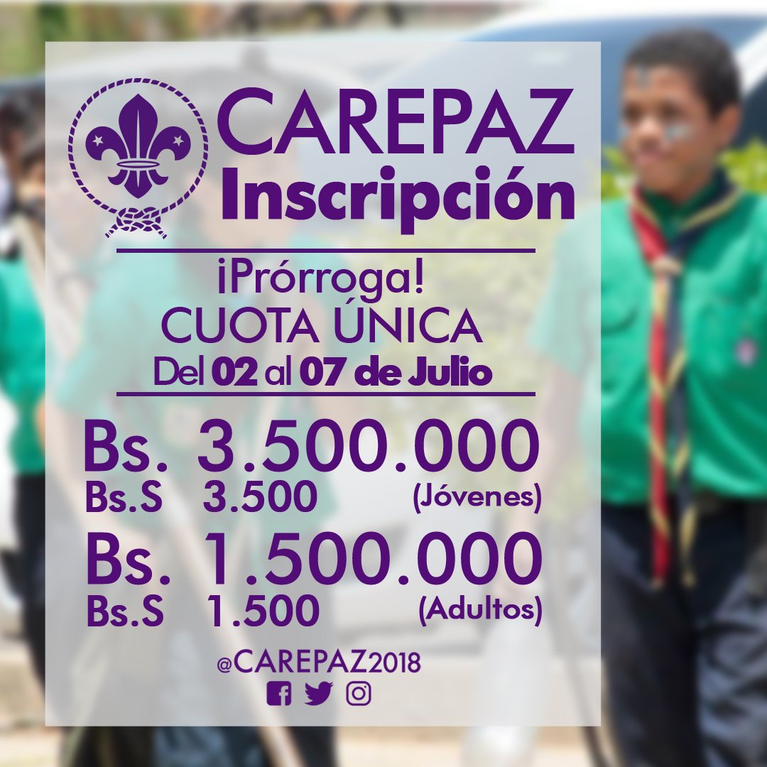 CAREPAZ2018's tweet photo. Este Formato junto a la ficha medica de cada joven o adulto y junto al comprobante de pago, deberán enviarlo por correo a la dirección  carepaz@scoutszulia.org.ve

#ScoutsZulia #Carepaz2018 #SomosCarepaz #RumboAlCarepaz2018 #CampamentoScout https://t.co/H48WmwOlV6