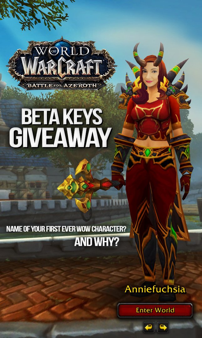 ⚡️50x BfA Beta Keys⚡️

Another giveaway courtesy of <a href="/Warcraft/">World of Warcraft</a> 😍

We had a Fire🔥Edition, a Frozen❄️Edition, and this time..

NOSTALGIA👶Edition <2

To enter:
- Follow, like and retweet!
- Respond with the name of your first ever WoW char, and why you chose that name 😊