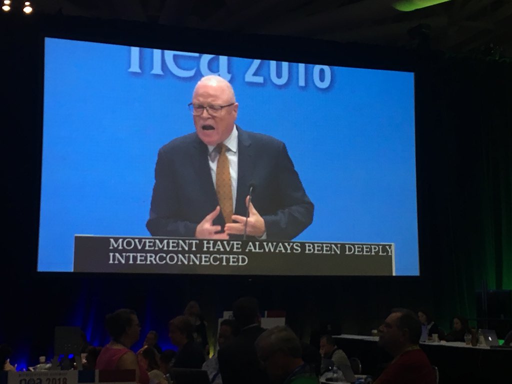DeniseSpecht's tweet photo. That’s right Lee Saunders! Racial justice and social justice are one in the same. When unions stand together in solidarity, we improve our lives, schools and communities. You can’t take our union because we won’t let you! #chooseunion #NEARA18 https://t.co/kMEEZZiEDh