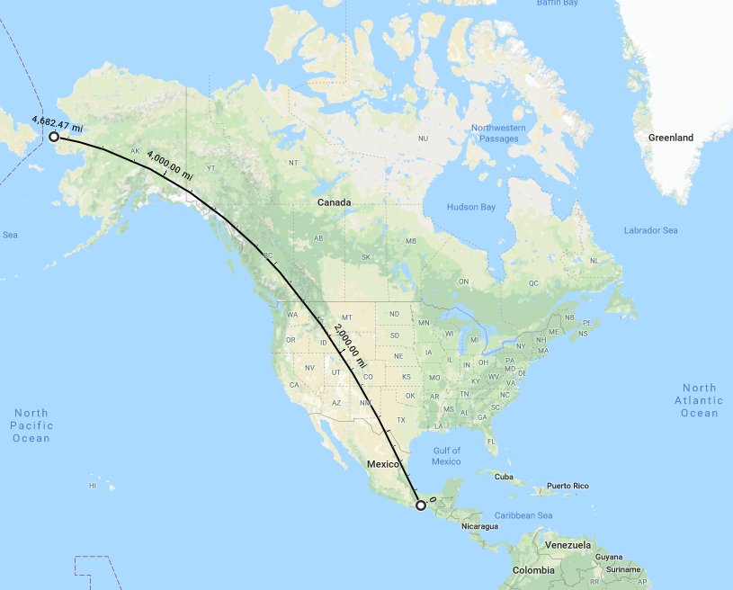 simongerman600's tweet image. The longest straight line you can walk in the Americas without touching an ocean is 7500km (4600miles). Source: buff.ly/2tLr9wi