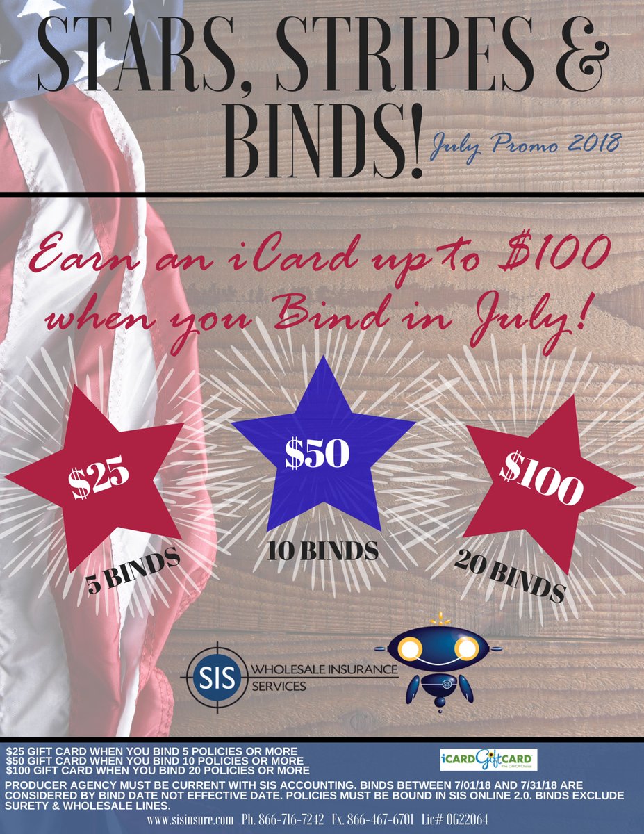 sisinsure's tweet photo. Stars, Stripes, & Binds! Earn up to $100 when you Bind in July with SIS!
ππππππππ
#sis #siswholesale #insurance #contractors #generalliability #contractorsinsurance #commercialinsurance #sisonline2.0 #quoteandbindonline #onlinequoting #onlinerater #starsandstripes https://t.co/wUdf0gxRG2