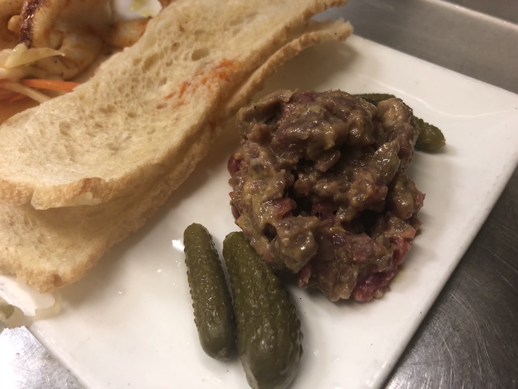 Appetizer Trio - Vegetarian Meatballs with Tangy BBQ Sauce, Piri Piri Calamari with Apple Celery Slaw, Tenderloin Steak Tartare with Rosemary Crostini and Gherkins #eatlocalfood #trio #local1794 #weeklyadditions