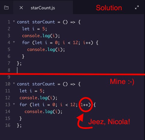 NicolaStrandDK's tweet photo. Day 27 of #100DaysOfCode. Just did a scope lesson repeatedly in Codecademy and had to screengrab my code to compare with solution as could not see what I had done wrong! Found it in the end though, WTF was I on?! 😂 #CodeNewbie #GettingThere #JavaScript https://t.co/dv4GrYf6jp