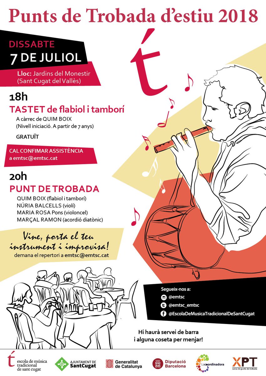 Aquest dissabte vine als Jardins del Monestir que en muntarem una de bona! 🎶🎉🍻

18h Tastet de flabiol (cal confirmar assistència)
20h Punt de Trobada 
Podeu demanar repertori a emtsc@emtsc.cat

#PuntdeTrobada #ViulaMúsicaTradicional
<a href="/tradicionalsc/">Coordinadora SC</a>
<a href="/xarxa_pt/">Xarxa Punts Trobada</a>