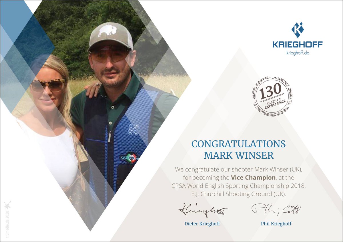 krieghoff1886's tweet photo. Congratulations to Mark Winser for becoming Vice Champion at the CPSA World English Sporting Championship 2018!
(More news about this year's World English Sportig can be found on our Facebook page or our website.) https://t.co/3CRTIVDOIc