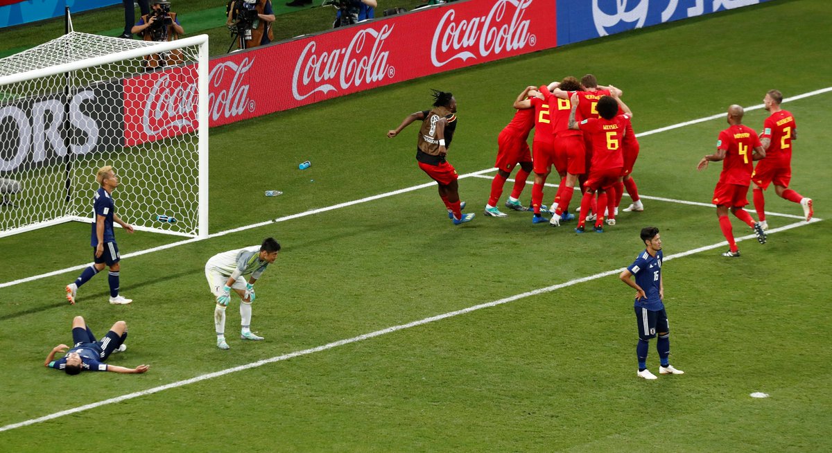 IndyFootball's tweet photo. 48': Belgium 0-1 Japan
52': Belgium 0-2 Japan
69': Belgium 1-2 Japan
74': Belgium 2-2 Japan 
94': Belgium 3-2 Japan

#WorldCup 2018, you have been incredible so far https://t.co/oBVKEKYArb