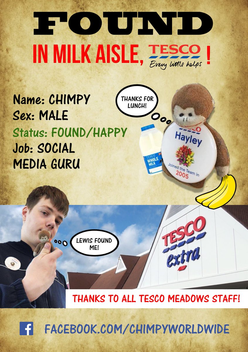 ChimpyWorldwide's tweet photo. Thank you to all staff @Tesco  #meadows for searching for me and especially Lewis Evans who found me ! 💕 @tesconews https://t.co/aF5ClNW1Kc