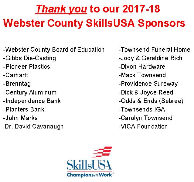 larry_garrity's tweet photo. A huge thank you to all of our 2017-18 Webster County SkillsUSA sponsors!!!  It has been an amazing year for our students!!! #1WC #ChampionsAtWork #JobReadyDayOne #CTEisForME https://t.co/Vz9492c3VE