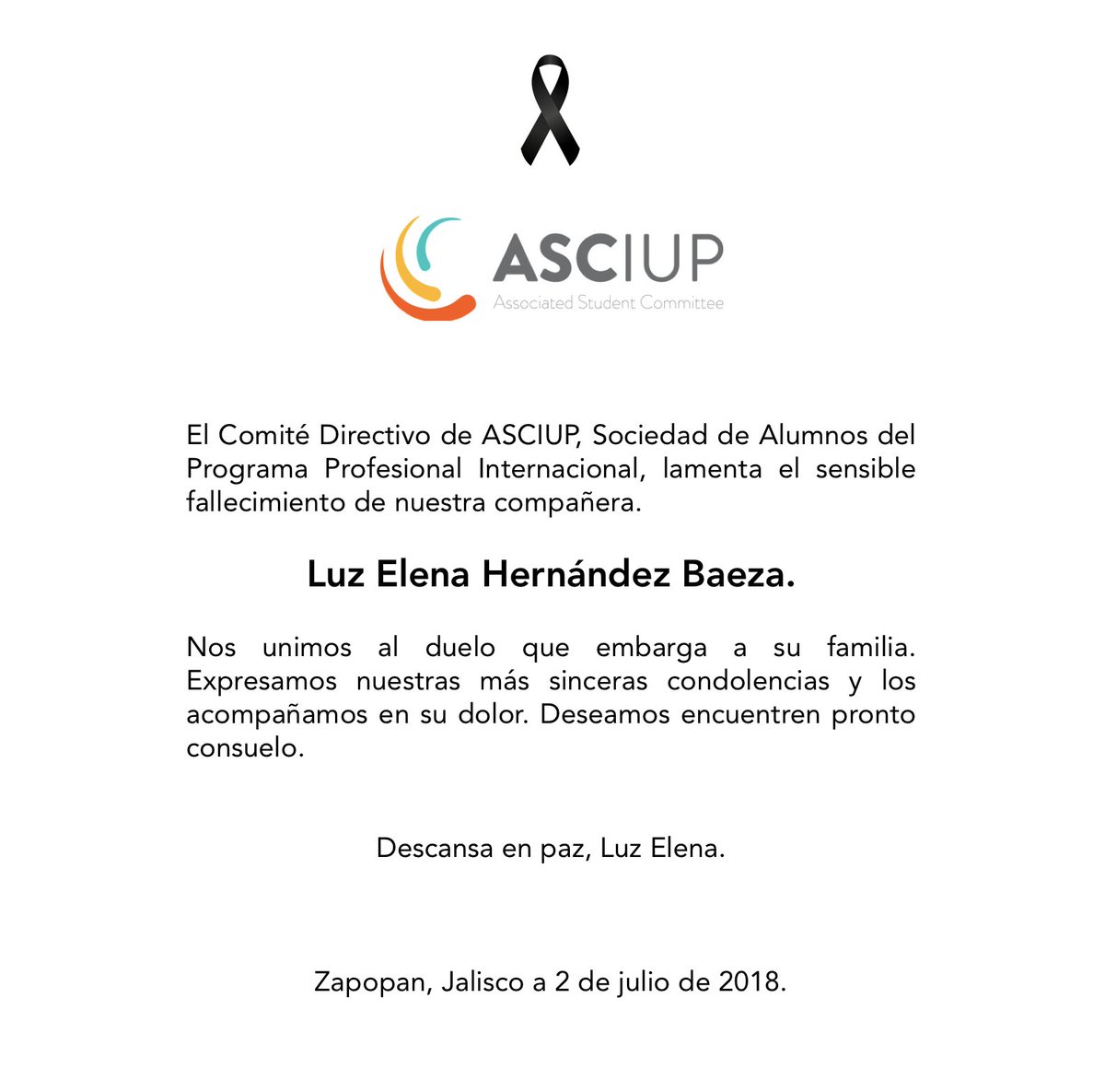 ASCIUP's tweet photo. Lamentamos profundamente el sensible fallecimiento de Luz Elena. Descanse en paz. https://t.co/VtrZf9eoET